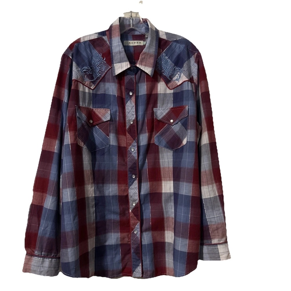 Roper Pearl Snap Long Sleeve Men's Shirt 2X Reg Red/White/Blue Pre-owned